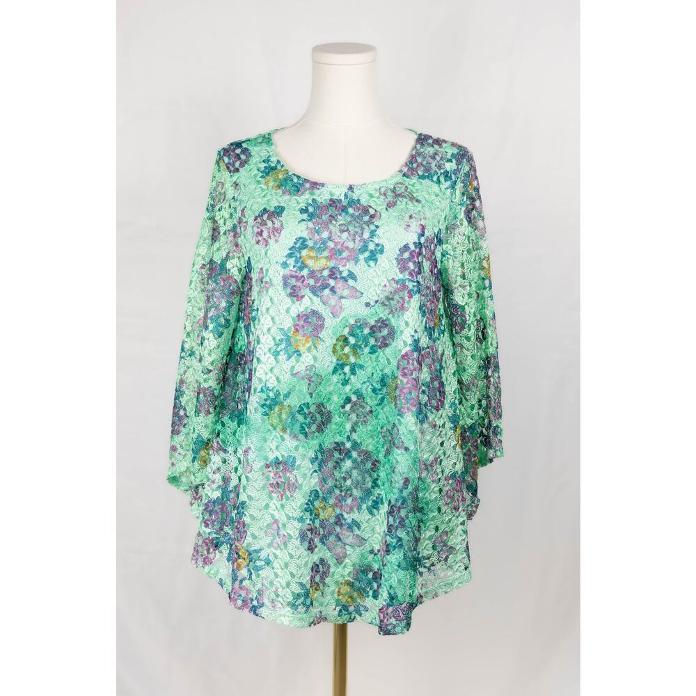 New Directions Size M Blouse Lace Overlay Lined Floral Mint Green